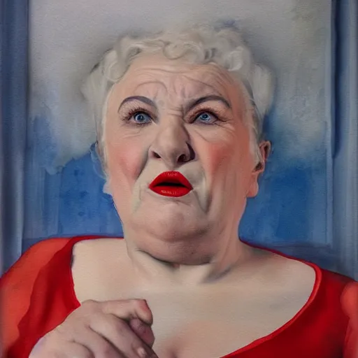 Image similar to a very funny fellini cinematic style. of a sweet fat old woman kissing her reflection. symmetrical face, red mouth, blue eyes. a flowered dress. a hyper - realistic scene. 3 d, octane processing, deep focus, white scene. a very funny and sweet picture. unreal engine. watercolor. freud painting style