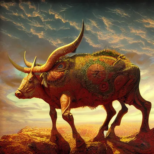 Prompt: photorealistic psychedelic taurus zodiac in the style of michael whelan and gustave dore. hyperdetailed photorealism by greg rutkowski. 1 0 8 megapixels, 3 d finalrender, cinematic lighting