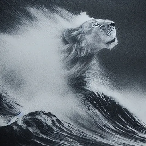 Image similar to a lion's face breaching through a wave, stormy weather