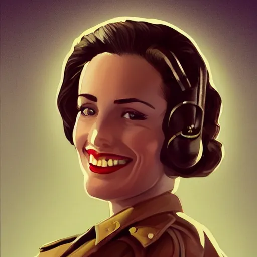 Prompt: smiling, happy, beautiful, intelligent, powerful, female ww 2 pilot, 2 9 years old, loving eyes, fully clothed, wise, beautiful, dramatic lighting, sharp focus, by stanley artgerm, dramatic lighting, trending on artstation, flat colour, geometric curves, gradient filter, art deco patterns