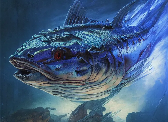 Image similar to pike fish with glowing blue eyes, cybernetic, electronic, glowing veins subsurface scattering, deep sea underwater photography, by gerald brom, by mikhail vrubel, by peter elson, muted colors, extreme detail, trending on artstation, 8 k