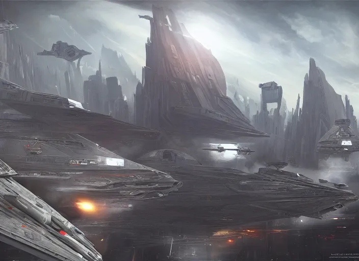 Image similar to a single large spaceship seen from the surface of a busy metropolis, star wars digital art, trending on art station