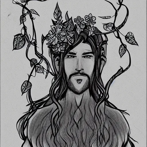 Image similar to male firbolg druid with vines and hibiscus flowers as hair simple drawing, comic style