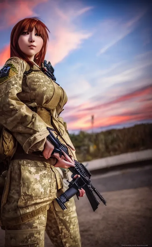 Prompt: highly detailed, high resolution, cosplay photo, stunning, real world, real sunset, in the middle of the battlefield, girls frontline style, bokeh soft, 100mm, trending on instagram, by professional photographer, featuring picciolina airsoftgirl, realistic anatomy, realistic military carrier, soldier clothing, modern warfare, realistic rifle