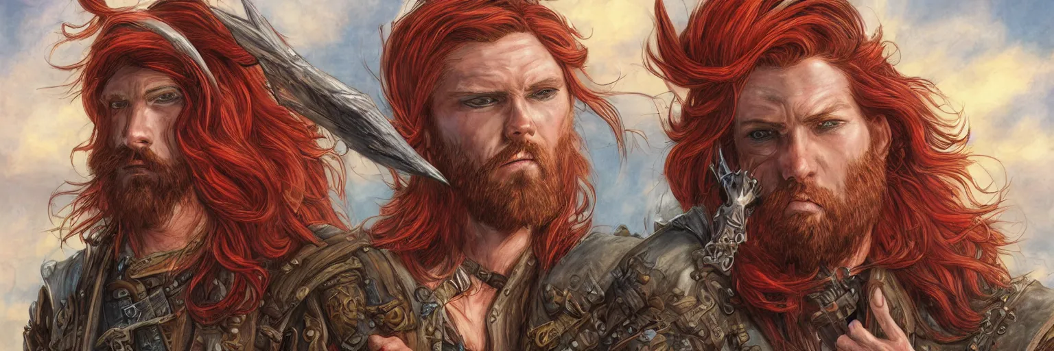 Image similar to colored pencils an epic fantasy comic book style portrait painting of a long haired, red headed male sky - pirate in front of an airship, character sheet, fine details, concept design, contrast, kim jung gi, pixar and da vinci, trending on artstation, 8 k, 3 6 0 head, turnaround, front view, back view, ultra wide angle