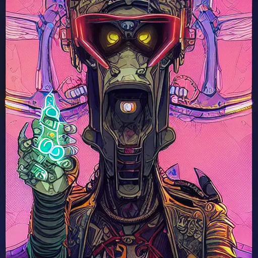 Image similar to cyberpunk corrupt evil priest Symmetrical tarot card artstation, hyperdetailed, tech lighting, artstation by james jean, Moebius style