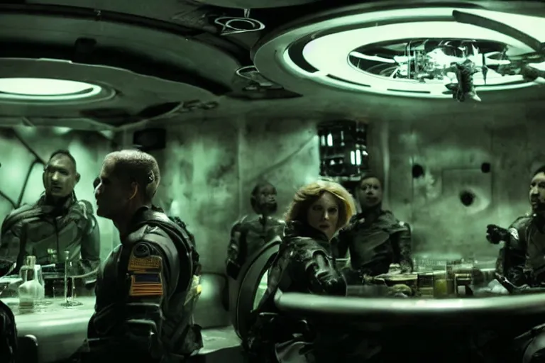 Image similar to sci-fi cinematography of space soldiers sitting in an alien bar. By Emmanuel Lubezki