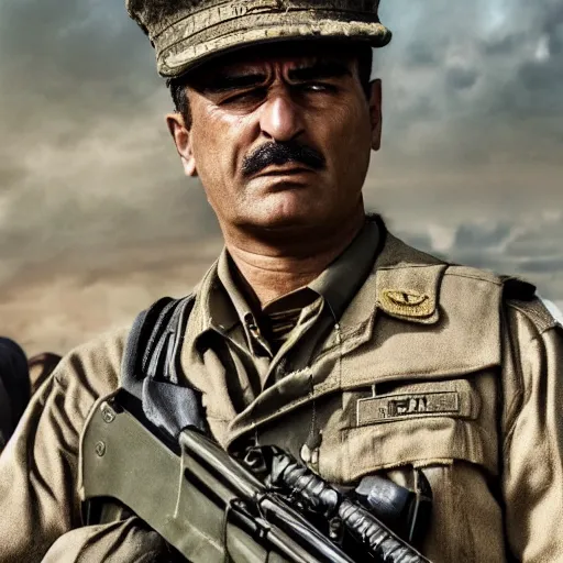 Prompt: kurdish military general in a movie directed by christopher nolan, movie still frame, promotional image, imax 7 0 mm footage, strong and imposing