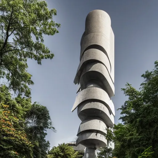 Prompt: a sci - fi beautiful brutalist hypermodern monument, with many rounded elements sprouting from the base tower creating a feel of a tree - like structure, photography