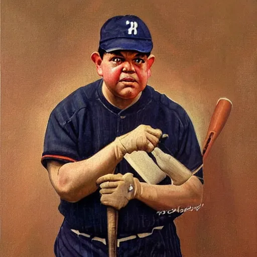 Image similar to a portrait painting of Babe Ruth. lifelike. Looks exactly like him. Painted by Norman Rockwell