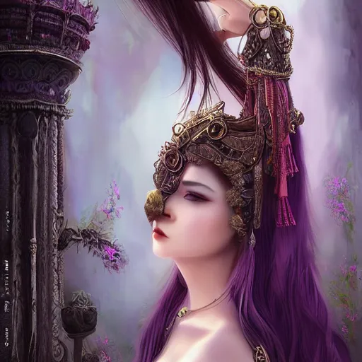 Prompt: photorealistic soft paint of absurdities and curiosities, very beautiful asian princess full long dress, ultra deep fog, purple black lustrous thin haircut, partial symmetry accurate features, focus, very intricate ultrafine details, award winning masterpiece, steampunk world, ross tran