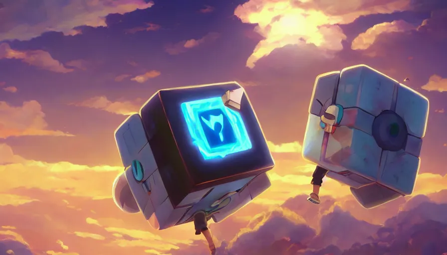 Image similar to beautiful painting of companion cube, anime, studio ghibli, makoto shinkai, rhads, radiant light, detailed, 4 k