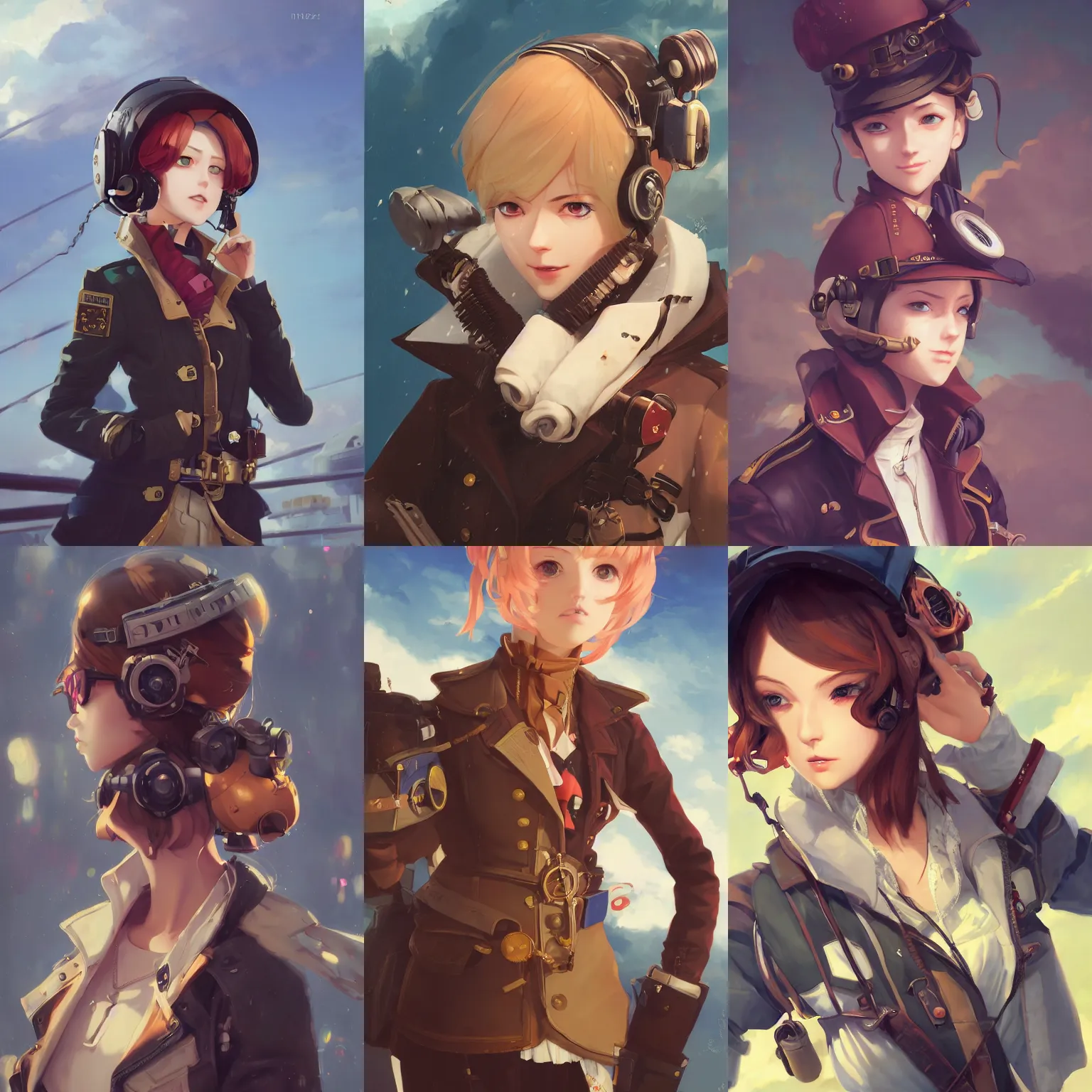 Prompt: a portrait of a cute young female air pirate with a very stylish coat, steampunk setting, vivid colors, soft lighting, atmospheric, cinematic, moody, in the style of Ilya Kuvshinov and Range Murata, Krenz Cushart, oil on canvas, 8k