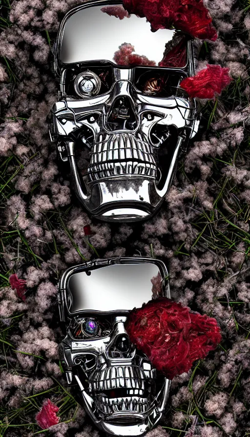 Image similar to destroyed terminator lying in a field of flowers, twisted metal, chrome, reflections, earth, terrible, anthropomorphic, photorealism, smoke, metal, 8 k, surreal, wires, smooth, sharp focus, top view, extremely detailed, ultra - realism, elegant, establishing shot, epic, by jeff koons, artgerm and greg rutkowski