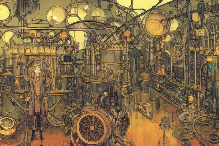 Image similar to steampunk lab room filled with big vapor tubes and alchemy equipment, mad scientist working, giant screens, sci - fi vending machine, retrofuturism, concept art by mucha and moebius and victo ngai, clean line, diesel punk