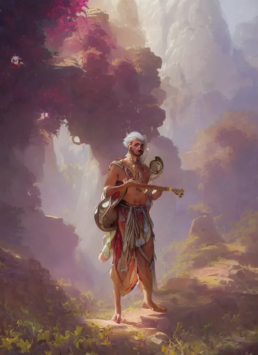 Image similar to a beautiful detailed painting of a gypsy male bard in colorful rainbow firion ornate robes robes, pale skin, white hair, master of dreams art by jon foster trending on artstation painted by greg rutkowski, painted by peter mohrbacher