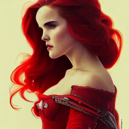 Image similar to beautiful Zoey Deutch as The Red Queen, Blodreina, sci-fi, closeup, D&D, fantasy, intricate, elegant, highly detailed, digital painting, artstation, concept art, matte, sharp focus, illustration, art by Artgerm and Greg Rutkowski and Alphonse Mucha