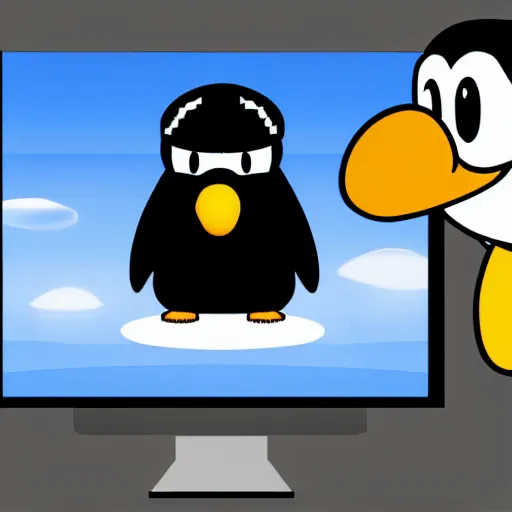 Image similar to tux penguin wearing the luigi hat in front of a computer with linux running on the screen, cute digital art, 4 k