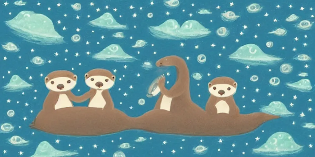 Image similar to my little everything, magical cuteness, fantasy otter love, otters holding hands in the stormy sea