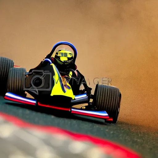 Prompt: young gokart racer taking a corner at speed on a race track, motion blur lights, laser, smoke, debris, fast movement