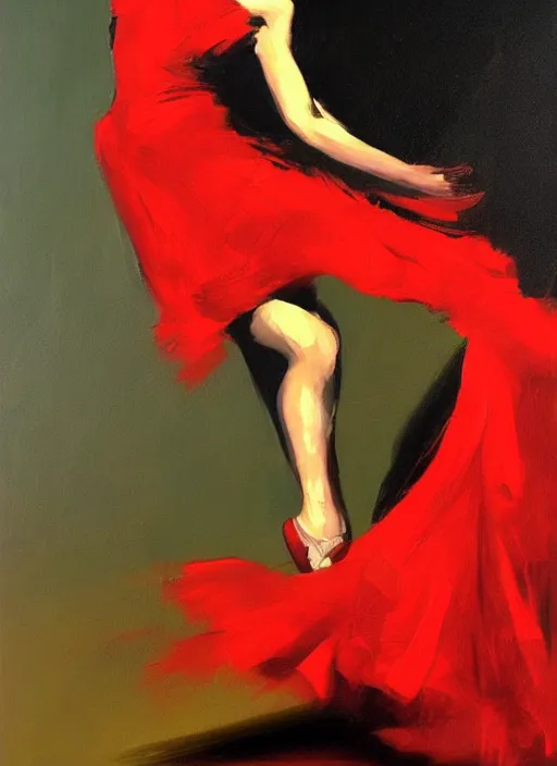 Prompt: tango dancer in red dress, painting by phil hale, fransico goya,'action lines '!!!, graphic style, visible brushstrokes, motion blur, blurry, visible paint texture, crisp hd image