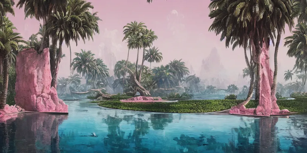 Prompt: artgem and greg rutkowski masterpiece, hyperrealistic surrealism, award winning masterpiece with incredible details, epic stunning, infinity pool, a surreal vaporwave liminal space, highly detailed, trending on ArtStation, calming, meditative, pink arches, palm trees, very vaporwave, very very surreal, sharp details, dreamscape, giant head statue ruins