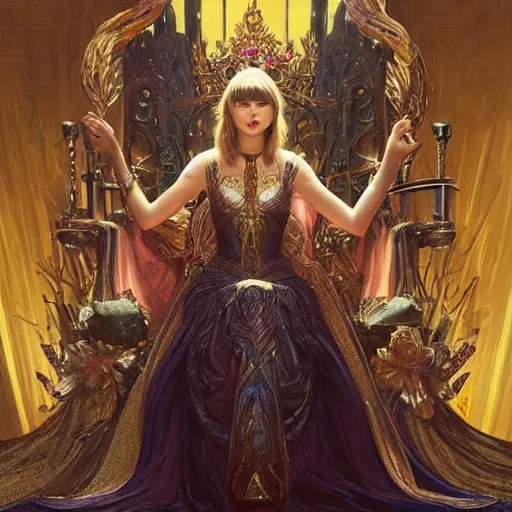 Image similar to Taylor Swift sitting on a majestic throne wearing a crown, D&D style, fantasy, intricate, elegant, highly detailed, digital painting, artstation, concept art, matte, sharp focus, illustration, art by Artgerm and Greg Rutkowski and Alphonse Mucha