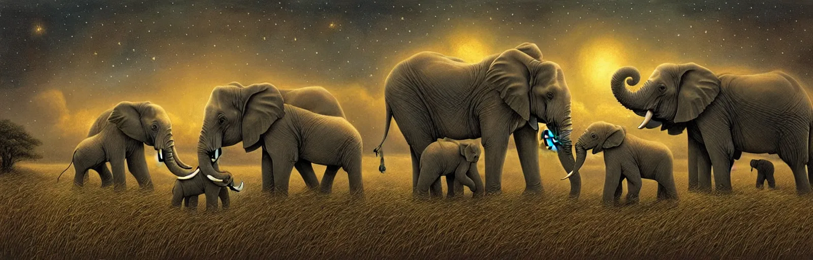 Prompt: two adult elephant and a baby elephant sleeping soundly under a starry sky surrounded by savannah, illustration, detailed, smooth, soft, warm, by Adolf Lachman, Shaun Tan, Surrealism