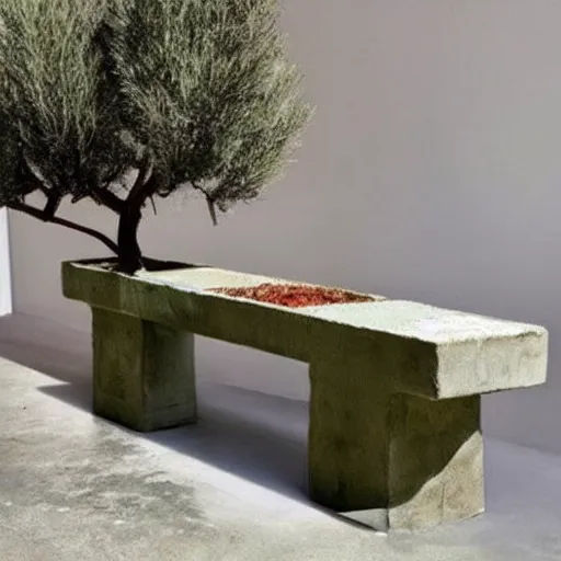 Image similar to creative concrete benches, colorful, olive trees