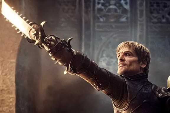 Image similar to very very intricate photorealistic photo of jaime lannister defeating cersei, photo is in focus with detailed atmospheric lighting, award - winning details