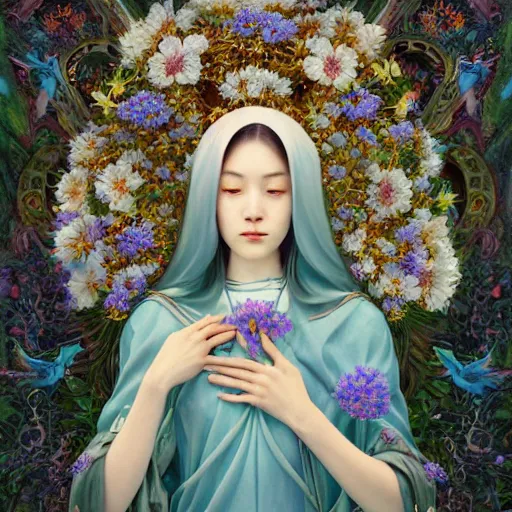 Image similar to breathtaking detailed concept art painting of the goddess of nemophila flowers, orthodox saint, with anxious, piercing eyes, ornate background, amalgamation of leaves and flowers, by Hsiao-Ron Cheng, James jean, Miho Hirano, Hayao Miyazaki, extremely moody lighting, 8K