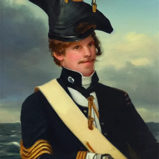 Prompt: hamster in victorian era british navy officer uniform, wearing a bicorn hat, at helm of a sailboat, daytime background partly cloudy, oil painting