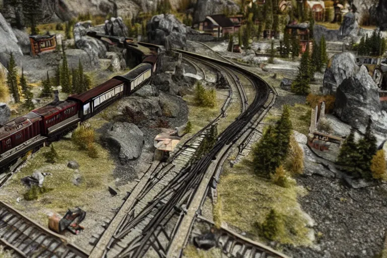 Prompt: A model train set in skyrim