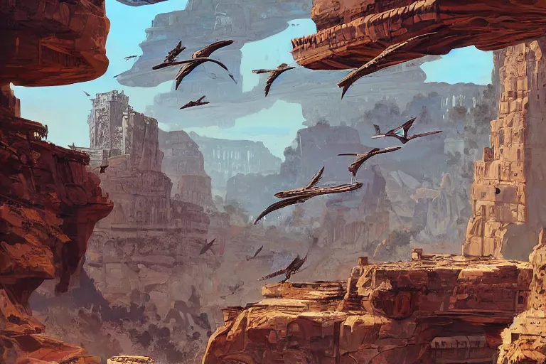 Image similar to an architectural painting of birds flying above the ruins of an archaic city of ancient persia looming above a canyon by syd mead and peter mohrbacher and james gilleard in the style of hugh ferriss