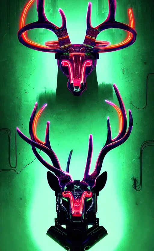 Image similar to poster style, a beautiful and terrifying painting with high details a digital portrait of cyber god of hunting with robotic deer head in style of green neon, cyber noir, movie atmosphere, movie lights, 8 k, light effect, rtx on, trending on artstation, by kilian eng, lee madgwick, bastien lecouffe - deharme