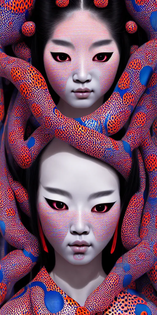 Image similar to hyperrealistic detailed image of a geisha in a art installation room, hd smooth interior by yayoi kusama, part by kei mieno, part by ross tran, dark art by james jean, ultra realistic, highly detailed, life like face, detailed body, 8 k, 3 d render by roger magrini, masterpiece