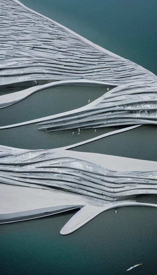 Prompt: hasselblad photograph of a zaha hadid designed storm surge barriers. dappled lighting, very beautiful!! aerial shot