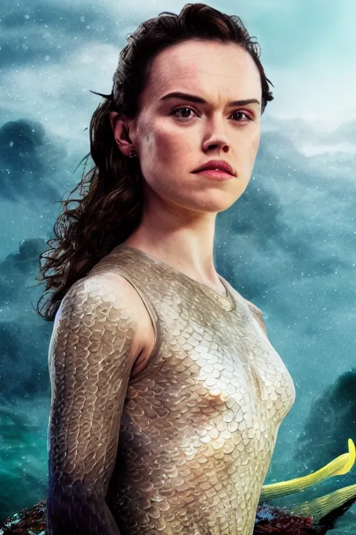 Prompt: Portrait photo of Daisy Ridley as a mermaid, full body, cinematic lighting, starlit shining eyes