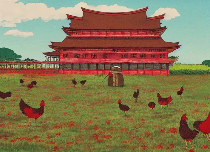 Image similar to big red and brown japanese fort in a meadow with chickens by studio ghibli painting