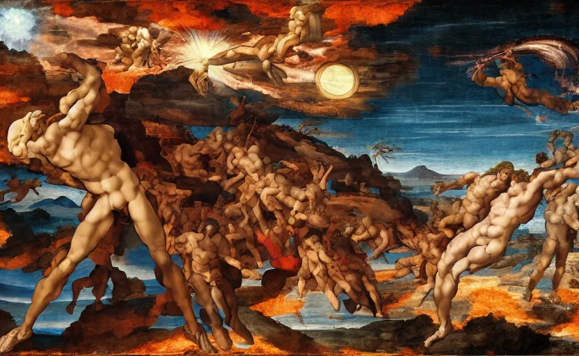 Image similar to The Third Impact as depicted in a masterpiece digital painting by Michelangelo and Leonardo Da Vinci, 4k wallpaper