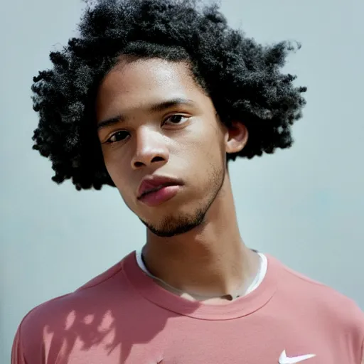 Image similar to realistic photoshoot for a new nike lookbook, color film photography, portrait of a beautiful person, in style of Tyler Mitchell, 35mm, graflex