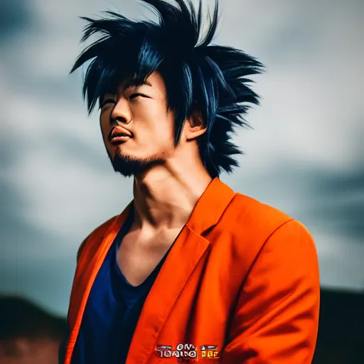 Image similar to portrait photo still of real life goku, 8 k, 8 5 mm f 1. 8