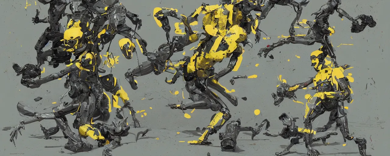 Image similar to duotone olive green grey illustration 3 / 4 portrait of gollum kun fu fighting with yellow boston dynamics robots. dynamic chaotic composition accidental renaissance golden ratio. by sachin teng and sergey kolesov and ruan jia and heng z. graffiti art, scifi, fantasy, hyper detailed. octane render. concept art. trending on artstation