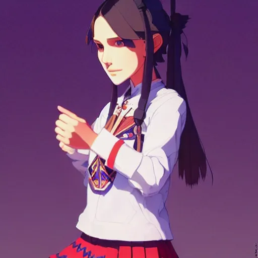 Image similar to a beautiful! boyish! natalie portman model, wearing catholic school girl outfit with mayan pattern and native style, jrpg aztec street fashion, gapmoe yandere grimdark, trending on pixiv fanbox, painted by greg rutkowski makoto shinkai takashi takeuchi studio ghibli, akihiko yoshida