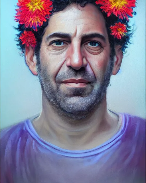 Image similar to a painting of jeffry epstein with flowers in his hair, a character portrait by drew struzan, behance contest winner, american scene painting, oil on canvas, matte drawing, studio portrait