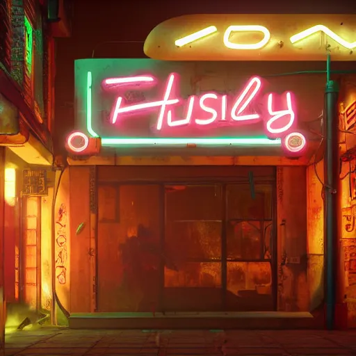 Image similar to Neon lighting restaurant sign in a post apocalyptic setting, ghibli, unreal 5, DAZ, hyperrealistic, octane render, RPG portrait, dynamic lighting, digital art, fan art