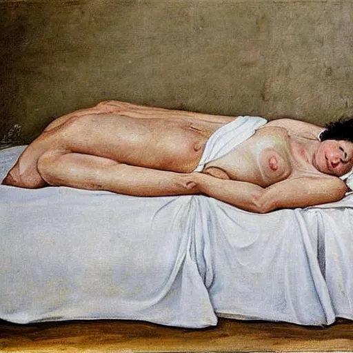 Image similar to lucian freud painting of old ema stone laying down on a victorian bed in a big old room