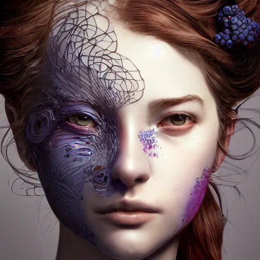 Image similar to the portrait of a blueberry that resembles an absurdly beautiful, graceful, elegant, sophisticated girl, an ultrafine hyperdetailed illustration by kim jung gi, irakli nadar, intricate linework, bright colors, octopath traveler, final fantasy, unreal engine 5 highly rendered, global illumination, radiant light, detailed and intricate environment