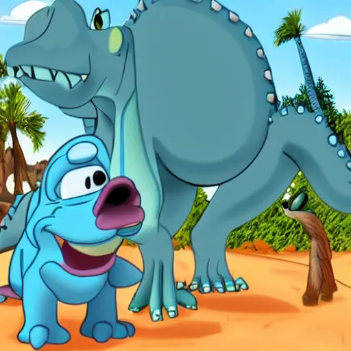 Image similar to bluey heeler meeting a dinosaur, disney cartoon