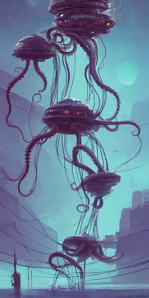 Image similar to mechanical octopus jellyfish spaceship with long tendrils, lots of hanging cables and wires, sci - fi concept art, by john harris, by simon stalenhag, stunning, award winning